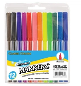 BAZIC Products Washable Markers Fine Line 12 Color, Thin Tip Coloring Marker - Picture 1 of 4