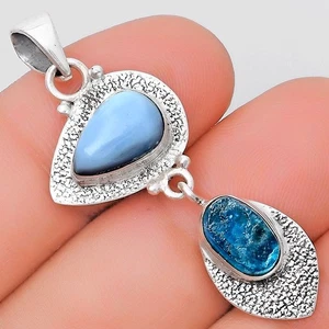 Natural Owyhee Opal & Neon Blue Apatite 925 Silver Pendant Jewelry P-1396 - Picture 1 of 5