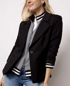 NWT Evereve Dawson Varsity Blazer Black Coat Sweater Classic Casual Chic Large - Picture 1 of 9