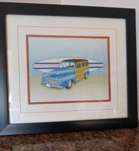 Framed Woody Wagon and Surfboard And Graffiti Picture California Style 15 X 17 - Picture 1 of 3