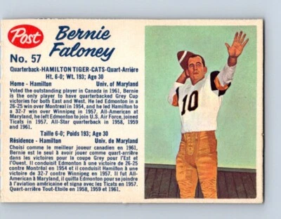 1962 CFL FOOTBALL POST CEREAL CARD BERNIE FALONEY HAMILTON TIGER CATS NO73 - Image 1 of 2