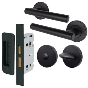 Black Bathroom Door Handle & Lock Set – Matt Black Handles with Lock & Thumbturn - Picture 1 of 9