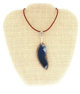 Unisex Blue Agate Necklace Sterling Silver Wire Wrap Pendant Leather Cord - Picture 1 of 4