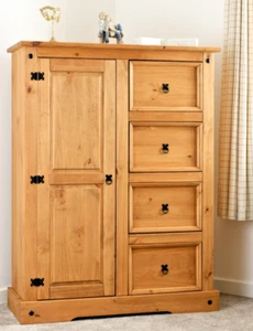 Corona 1 Door 4 Drawer Low Wardrobe Tallboy Distressed Waxed Pine - Picture 1 of 9