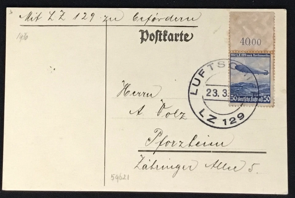 GERMANY 1936 -ZEPPELIN- HINDENBURG-  -CARD - LZ 129 -F/VF --@15 - Image 1 of 1