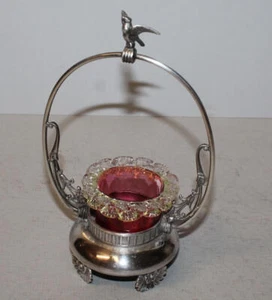 Antique Victorian Cranberry Art Glass Master Salt Dip in Silver Holder - Picture 1 of 8