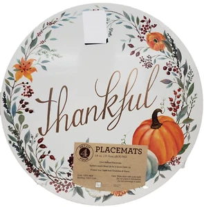 SET OF 4 HARD ROUND PLACEMATS W/CORK BACK (14") PUMPKINS & FLOWERS, THANKFUL, BM - Picture 1 of 12