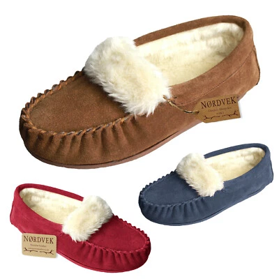 Womens Suede Moccasin Soft Plush Fleece Womens Hard Sole Slippers