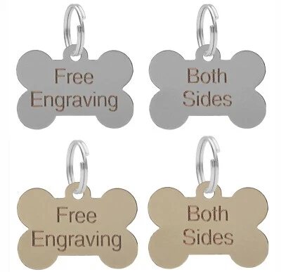 Dog Bone ID Tag Personalised Engraved Silver Or Brass 38mm Puppy Collar Chipped