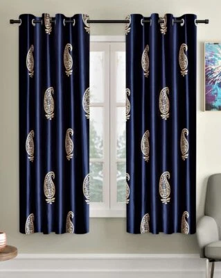 2 Pieces Hand Block Gold Paisley Eyelet Polyester Window Curtains 5Ft - Blue - Image 1 of 4