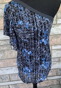 Free People Blue Ruffled sleeve One Shoulder Short Sleeve T-Shirt Woman’s Sz M - Picture 1 of 9