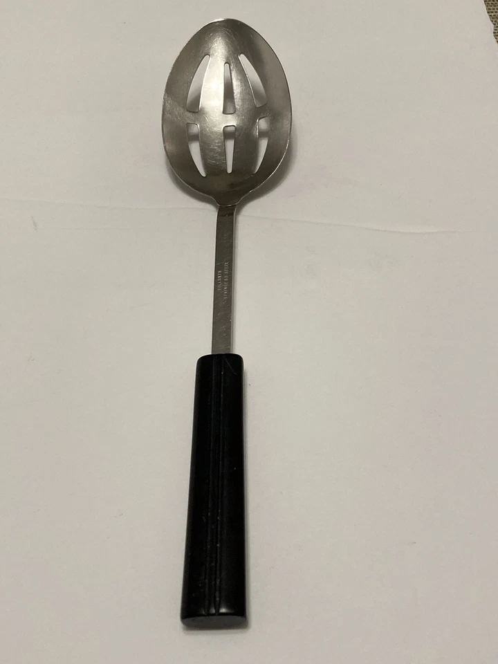Vollrath Black Plastic Ribbed Handle 11"  Stainless Steel Slotted Spoon - Image 1 of 4