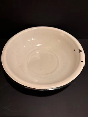 Vintage White Enamelware Bowl Black Trim 12”Classic Style Wash Basin Pan - Image 1 of 4