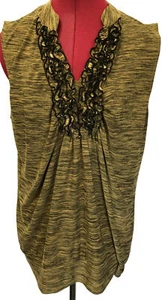 Susan Lawrence Womens Yellow Black Sleeveless Top Sz XL V-Neck W/ruffles-095 - Picture 1 of 9