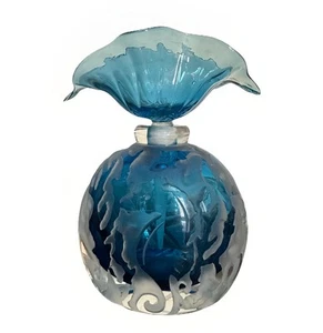 Studio Sarta Sea Horse Fish Blue Etched Art Glass Frosted Perfume Bottle Signed - Picture 1 of 18