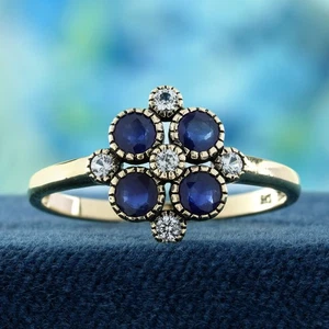 Cluster-Ring 9 Karat Gelbgold natürlicher blauer und weißer Saphir Vintage-Stil - Bild 1 von 12