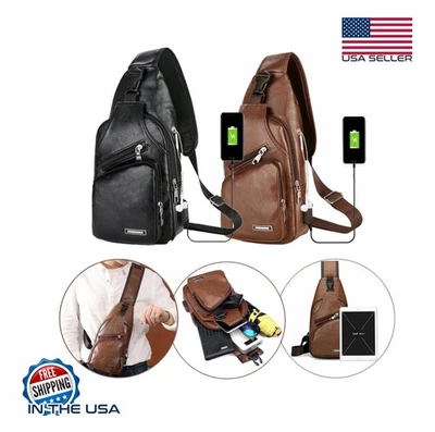Mochila bandolera de cuero PU para hombre Riñoneras Carga USB NUEVA Foto 1 de 4