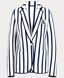 Lauren Ralph Lauren Size PL Bullion-Patch Logo Striped Blazer Pockets Jacket - Picture 1 of 6