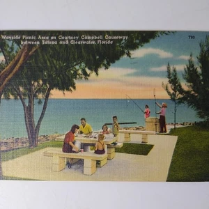 Florida Postcard - Vintage Linen Wayside Picnic Area Family People Fishing - Picture 1 of 3