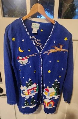 Vintage Quacker Factory Santa Flying Over A Village Button Cardigan Size Large - Image 1 of 4