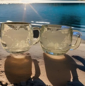 Nestle Nescafe World Map Globe Etched Glass Mug Coffee Cup 70s Vintage Lot Of 2 - Picture 1 of 6