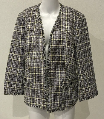 Kasper Women's Plaid Blazer Jacket Tweed Fringed Edges Open Front Size 8 - Image 1 of 4