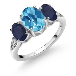 10K White Gold Swiss Blue Topaz Sapphire and White Lab Grown Diamond 3 Stone - Picture 1 of 5