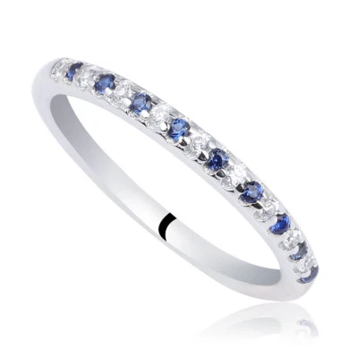 Solid 925 Sterling Silver Band Ring Slim Blue & Clear Cubic Zirconia CZ Size 7 - Image 1 of 4