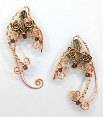 Handmade Copper Wire Wrap Wood Elf Ear Tip Climber Earrings Rhinestone Cosplay - Image 1 of 4