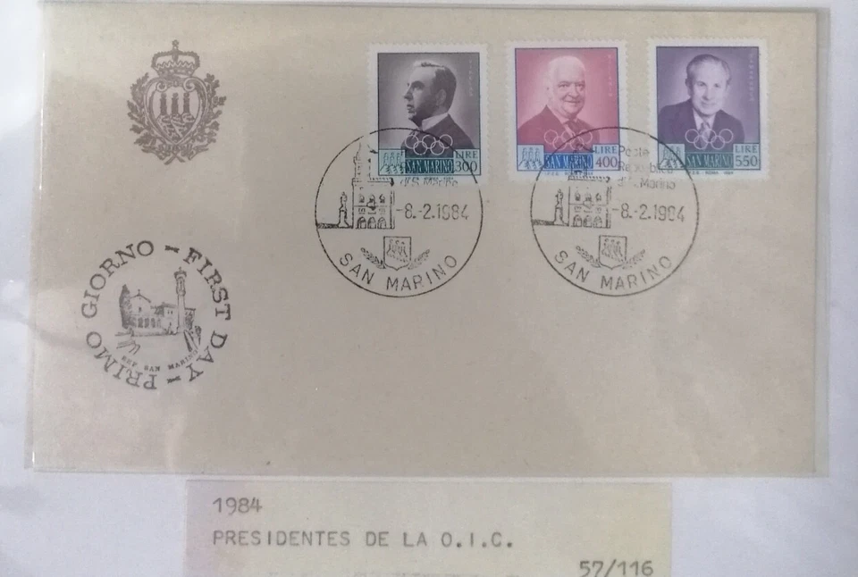 A) 1984, SAN MARINO, PRESIDENTS, FDC, PRIMO GIORNO, INTERNATIONAL OLYMPIC COMMIT - Image 1 of 1