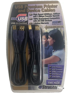 USB Premium Device High SPEED Cables 2 PACK Black Gold Plated 6.5 Foot STRATITEC - Image 1 of 4