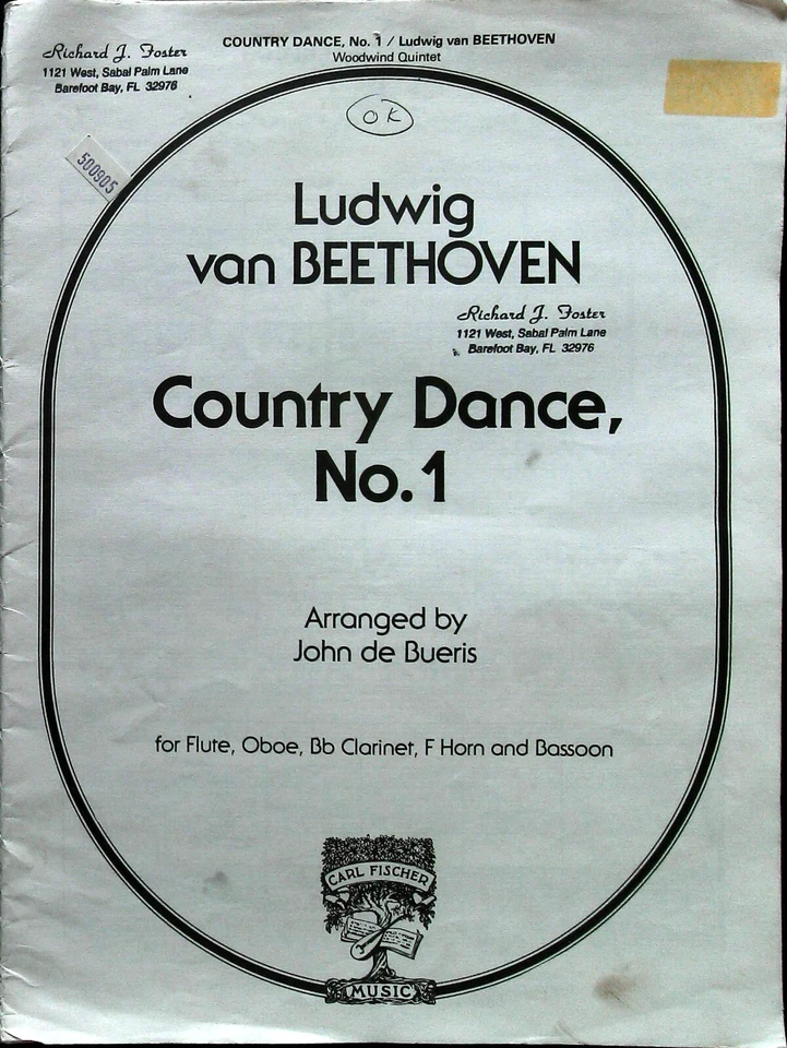 Ludwig van Beethoven Country Dance No. 1 Full Score and Parts - Woodwind Quintet - Image 1 of 1