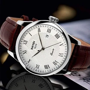 Orologio uomo al quarzo, calendario classico numeri romani. Orologio in pelle impermeabile 30m - Foto 1 di 7