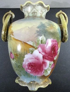 Antique 19th Century Nippon Hand Painted Footed Beaded Urn Vase Roses Handles - Picture 1 of 12