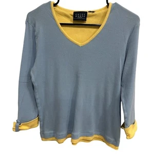 Crazy Horse Liz Claiborne Blue Yellow V Neck Ribbed Knit Long Sleeve Top Size M - Picture 1 of 18