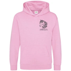 Personalised Embroidered Horses Head Kids Hoodie Girl Custom Horse rider name... - Picture 1 of 12