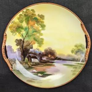 VINTAGE NORITAKE HAND PAINTED PORCELAIN MORIAGE BEADED HANDLED CAKE PLATE 9 5/8" - Picture 1 of 12