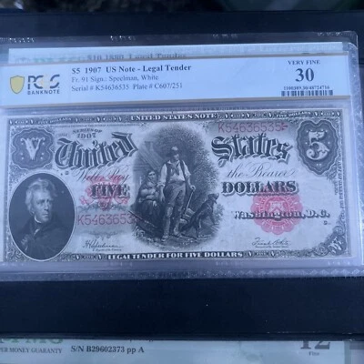 1907 $5 Legal Tender Fr#91 Pcgs-30 Very Fine  - Image 1 of 4