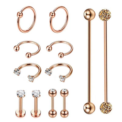 12pcs Industrial Barbell Cartilage Hoop Helix Tragus Labret Piercing Earrings - Image 1 of 4