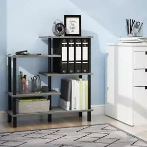 Furinno Etagere Bookcase Wood Open Back French Oak Gray Black Plastic 5-Shelf - Picture 1 of 6