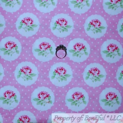 BonEful Fabric FQ Cotton Quilt Pink White Rose*bud Flower Polka Dot Lace Antique - Image 1 of 4