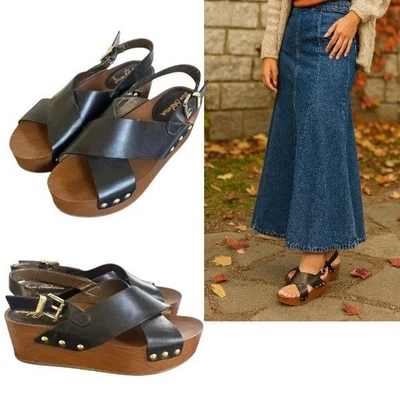 Sam Edelman Black Leather Slingback Platform Sandals Wood Heel Studded 8 - Image 1 of 4