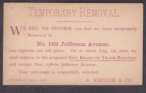 1878 Postkarte A Krolik & Co Detroit MI vorübergehender Umzug - Bild 1 von 2