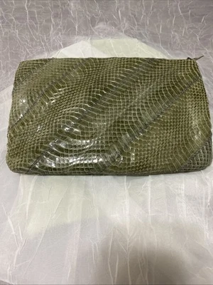 Vintage Light Moss  Green Snake Skin Clutch With Chevron Piercings 10x6.5 - Image 1 of 4