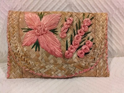 Bolso sin asas boho de paja tejido floral mimbre años 60 playa vintage Foto 1 de 4