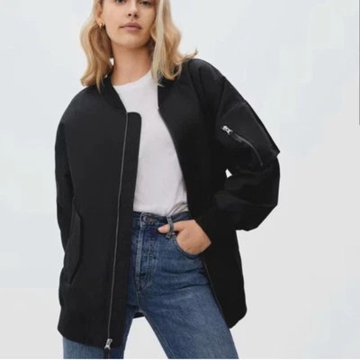Everlane - Mujer Mezcla Algodón Negro Bomber Chaqueta Cremallera Completa Talla Grande S Foto 1 de 4