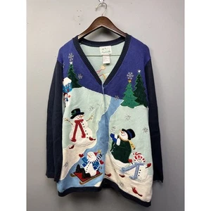 Quacker Factory Cardigan Womens Plus 1X Blue Sweater Winter Snowman Button Front - Picture 1 of 10