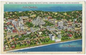 Madison WI "Aerial View, Lakes Mendota & Monona" c1936 Postcard Wisconsin - Picture 1 of 2