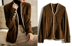 Cárdigan tejido con botones en la parte delantera mezcla de lana manga larga suéter con bolsillo superior para mujeres - Imagen 1 de 5