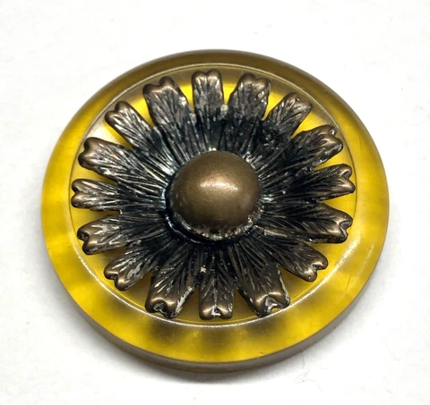 1940'S Metal Flower Applied with Pin Shank - Apple Juice Bakelite Button Cover
